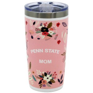 pink tumbler with floral illustrations and Penn State Mom